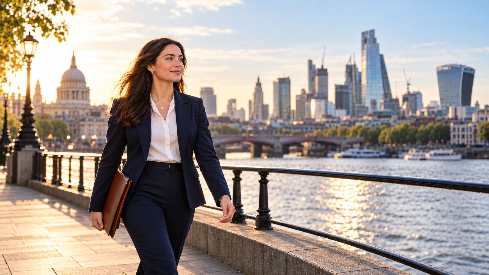 A young solicitor in a navy suit walking along the Thames at golden hour, with St Paul's and the City behind her