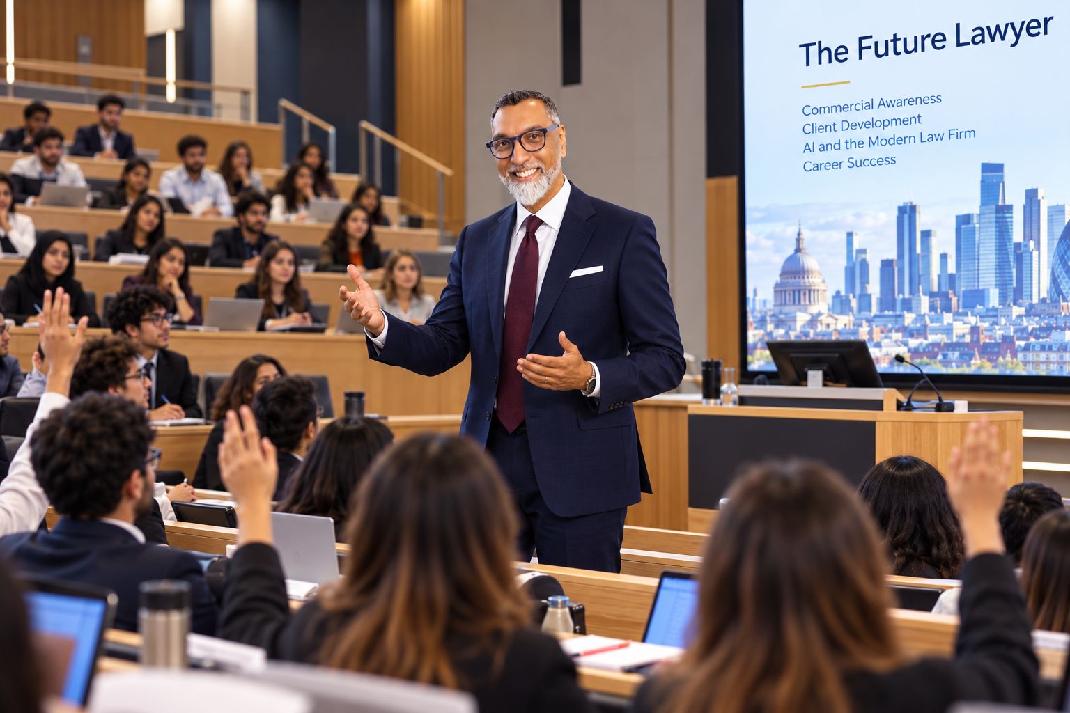 Rifat Sheikh leading a session in a lecture hall as students raise their hands to contribute